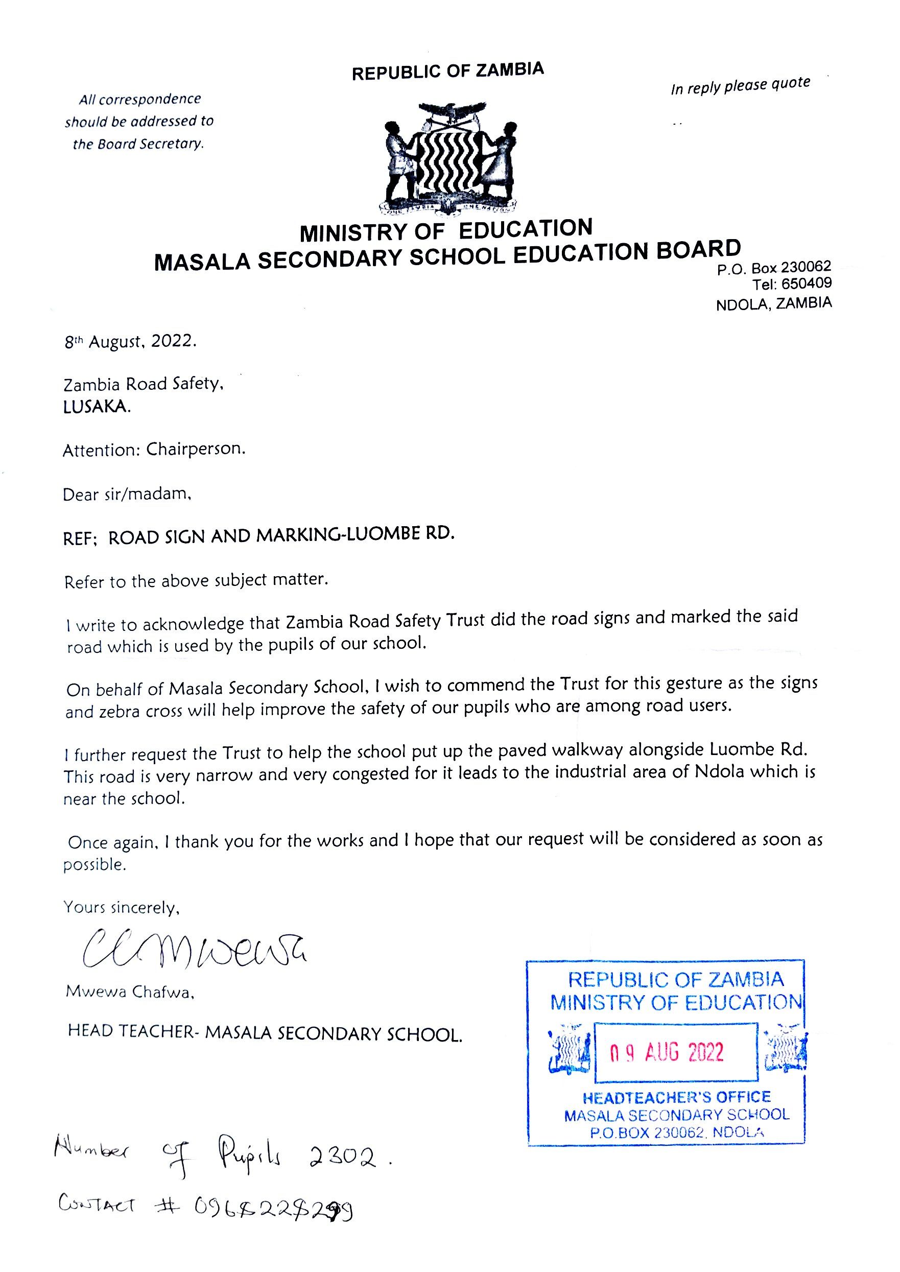 Letter from Masala Secondary School acknowledging road signs and road markings supported by ZRST along Luombe Road in Ndola.