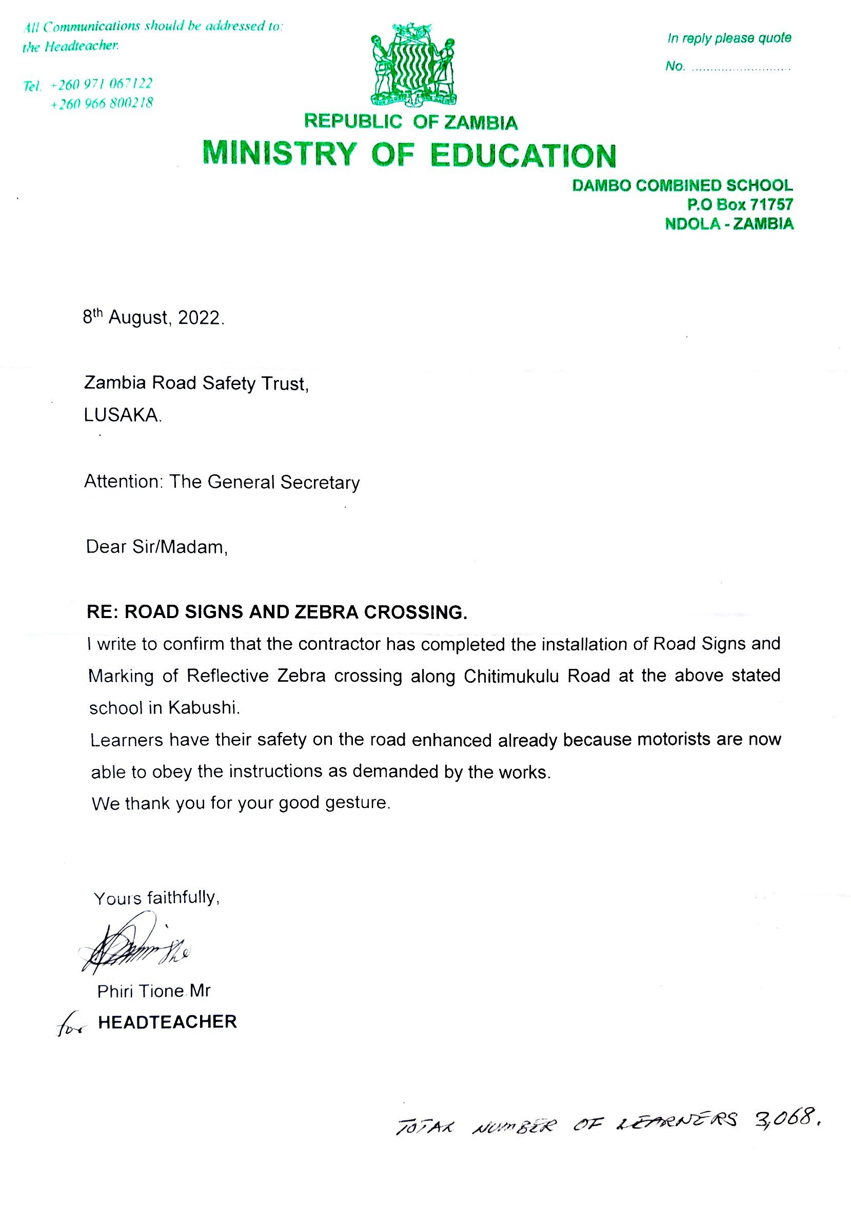 Letter from Dambo Combined School confirming road signs and reflective zebra crossing markings along Chitimukulu Road in Ndola.
